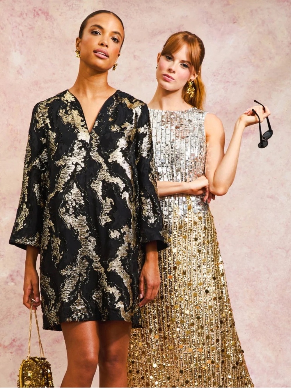 Mestiza Ines Black and Gold Brocade Shift Dress - Elegant Evening Style